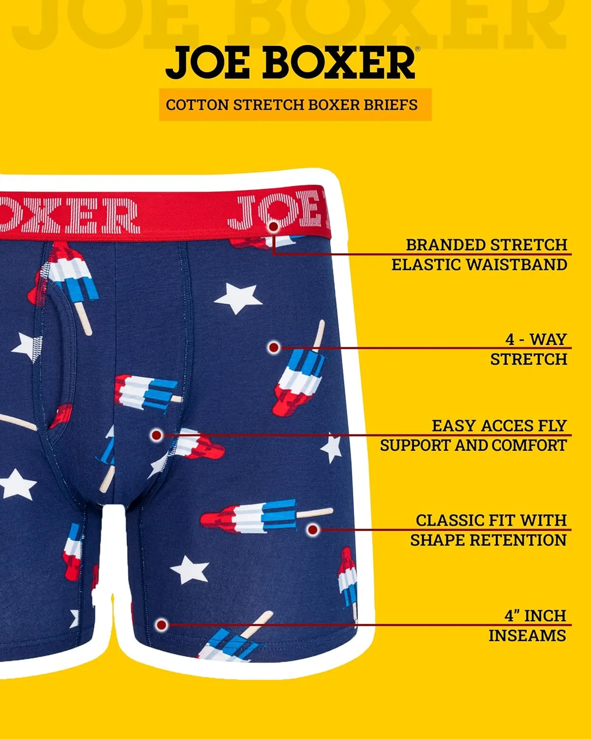 JOE BOXER Mens Boxer Briefs 4-Pack, Comfy and Breathable Spandex-Cotton Boxer Briefs, Mens Underwear Cotton Stretch