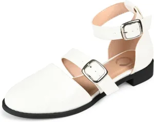 Journee Mary Jane Low Block Heel Double Buckle Strap Glossy Round Toe Shoe for Women - Comfy Constance Flat