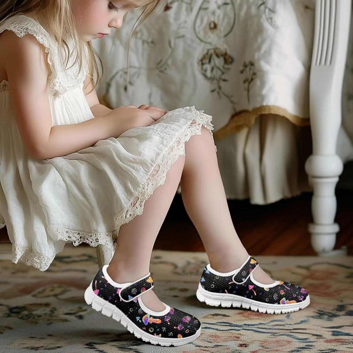 JoyLamoria Collie Print Girls Mary Jane Shoes Toddler and Little Kids Cartoon Flat Sneakers Lightweight Girls Walking Shoes Anti Slip