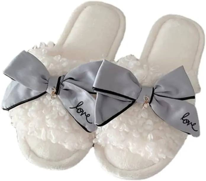 Kawaii Open Toe Slippers Women's Soft Bow Tie Fluffy Cozy House Shoes Sandals Fur Warm Comfy Slip On Slide Slippers