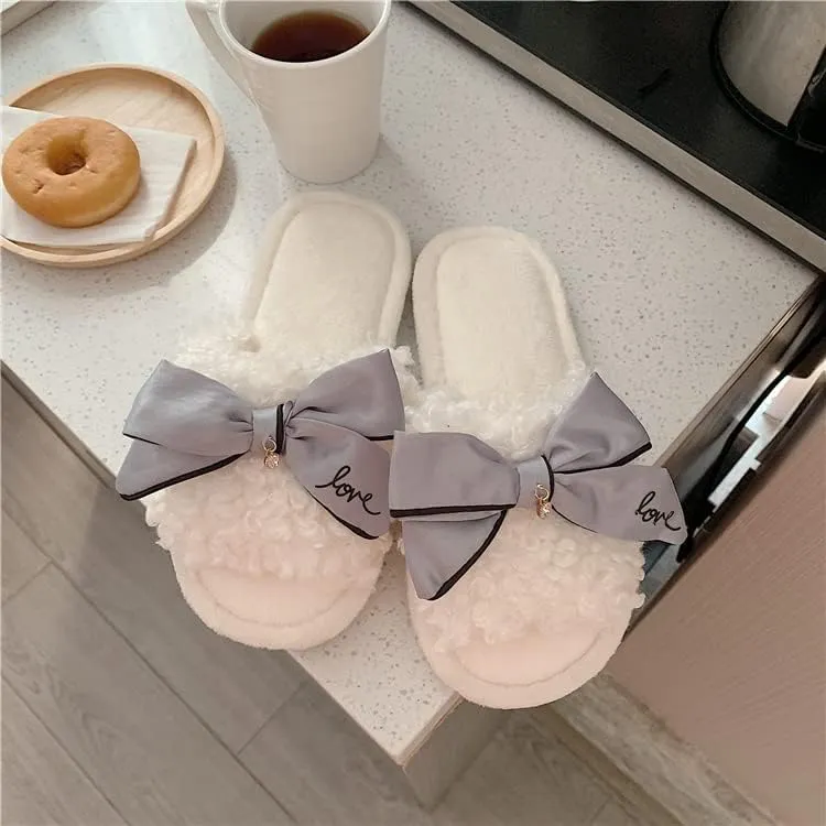 Kawaii Open Toe Slippers Women's Soft Bow Tie Fluffy Cozy House Shoes Sandals Fur Warm Comfy Slip On Slide Slippers