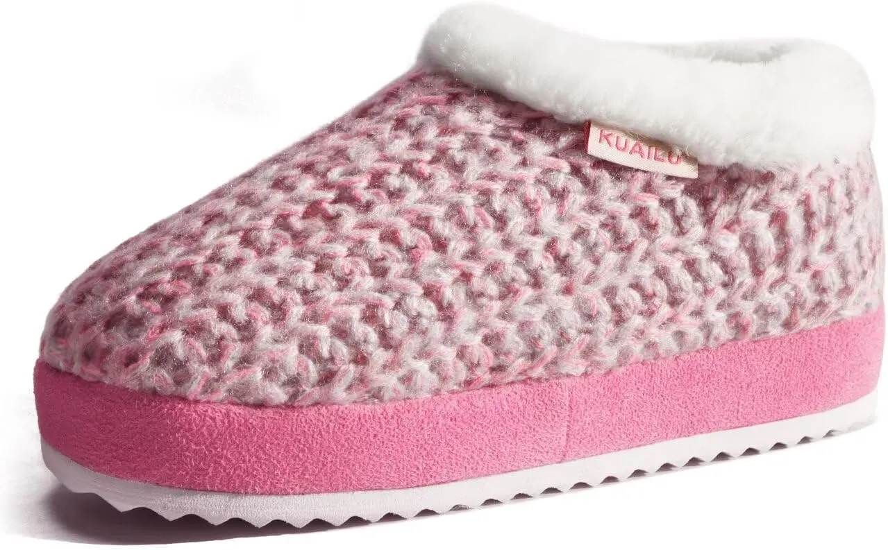 KuaiLu Womens House Platform Slippers Cozy Fuzzy Plush Knit Slipper Ladies Warm Fur Lined Winter Slip On Home Bedroom Thick Cushion Shoes Indoor Outdoor Hard Sole