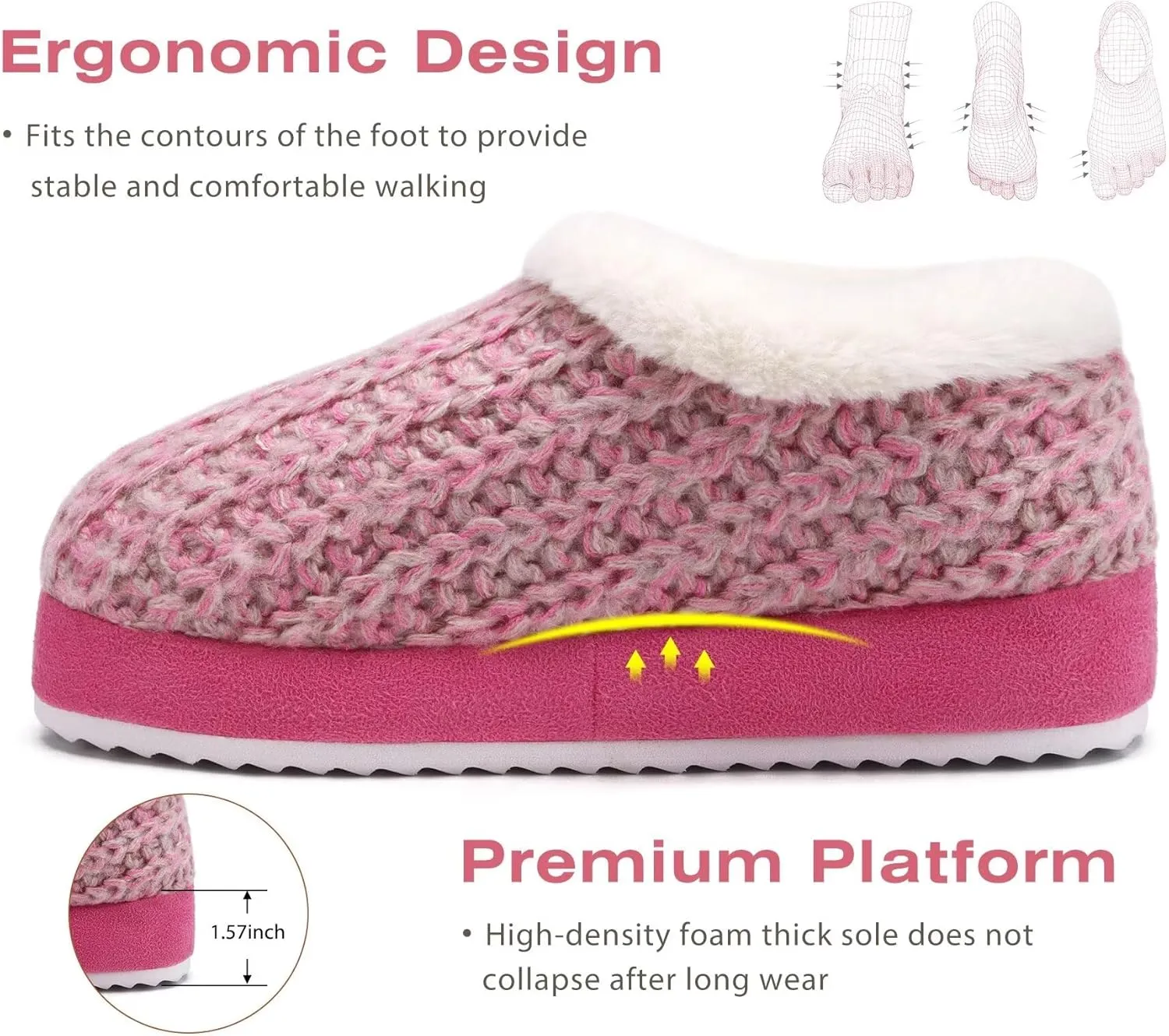 KuaiLu Womens House Platform Slippers Cozy Fuzzy Plush Knit Slipper Ladies Warm Fur Lined Winter Slip On Home Bedroom Thick Cushion Shoes Indoor Outdoor Hard Sole