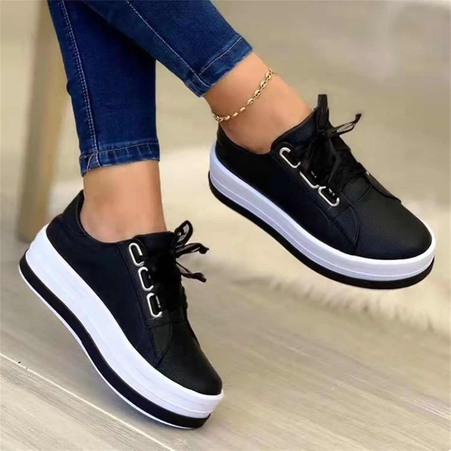Ladmiple Shoes For Women Sneakers Slip Ons Lace Up Fashion Casual Summer Platform Leather Walking Shoes Flats Loafers