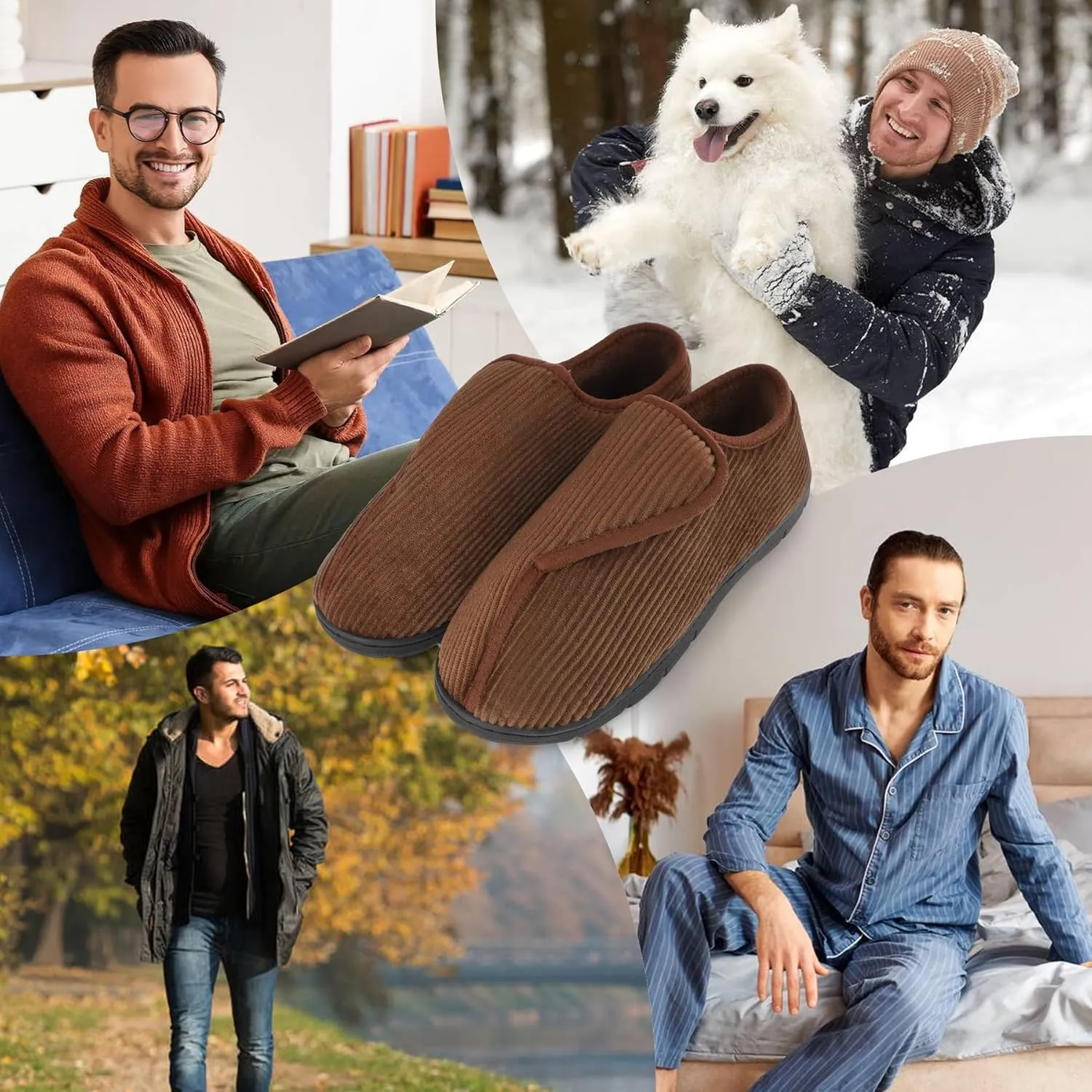 LARGERED Mens Slippers Arthritis Puffy Edema Feet House Bedroom Shoes,Winter Padded Warm Indoor Outdoor Adjustable Wide Boot Slippers