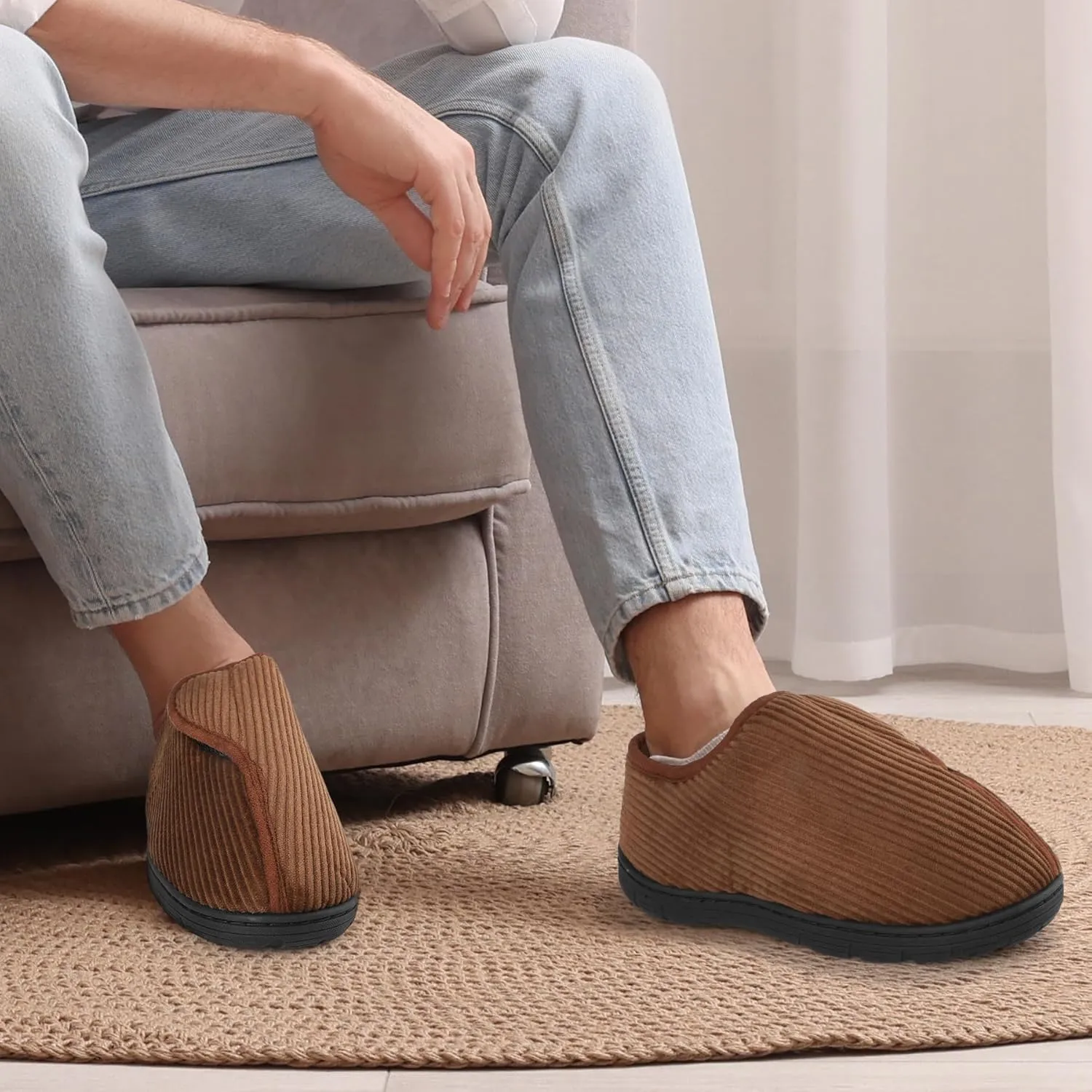LARGERED Mens Slippers Arthritis Puffy Edema Feet House Bedroom Shoes,Winter Padded Warm Indoor Outdoor Adjustable Wide Boot Slippers