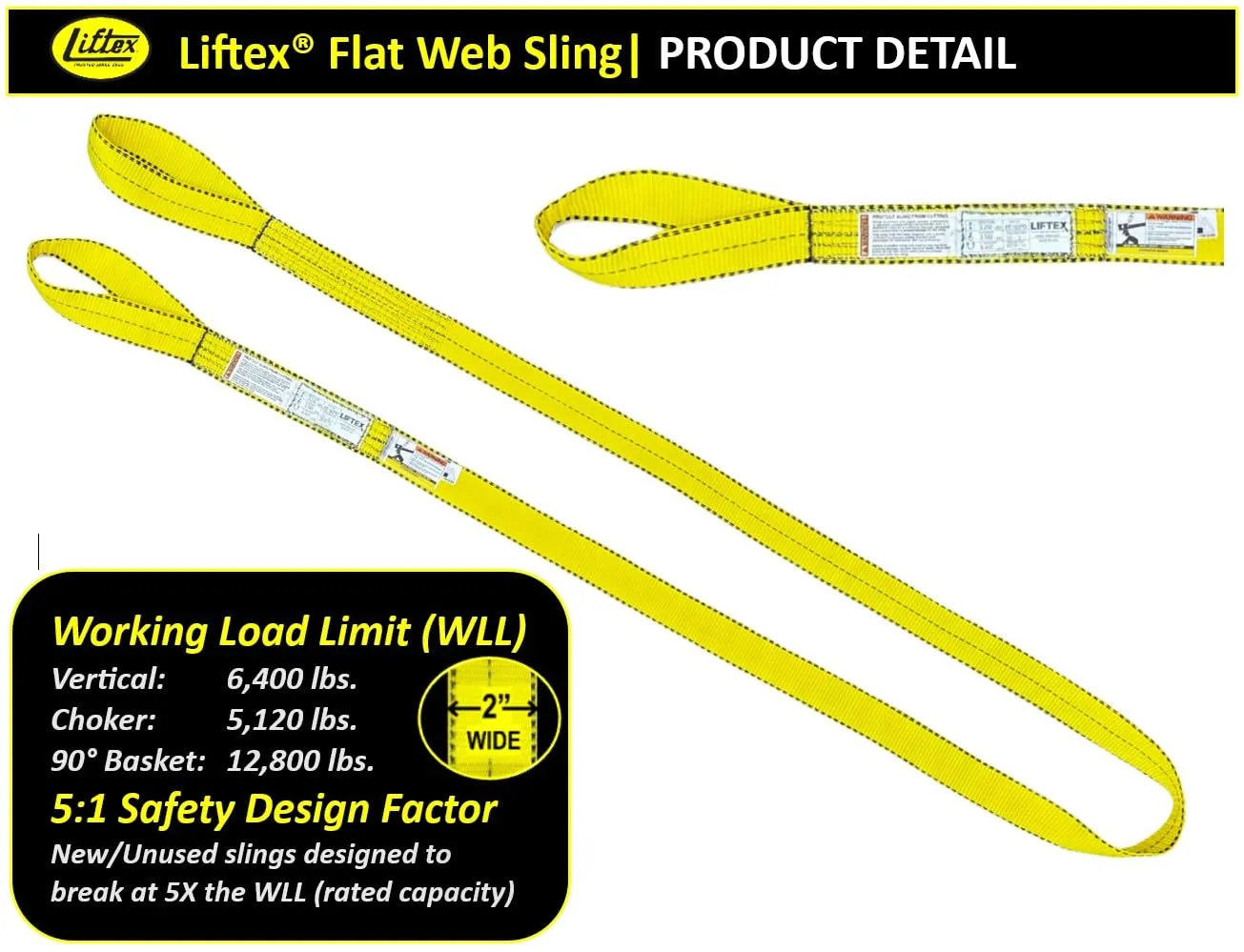 LIFTEX® - Trusted Since 1955 | Polyester Lifting Sling | 2" x 5', 2-Ply Flat Eye (6400lbs Vertical, 5120lbs Choker, 12800lbs Basket) | Made in USA | Lifting Rigging Moving Towing Hoisting