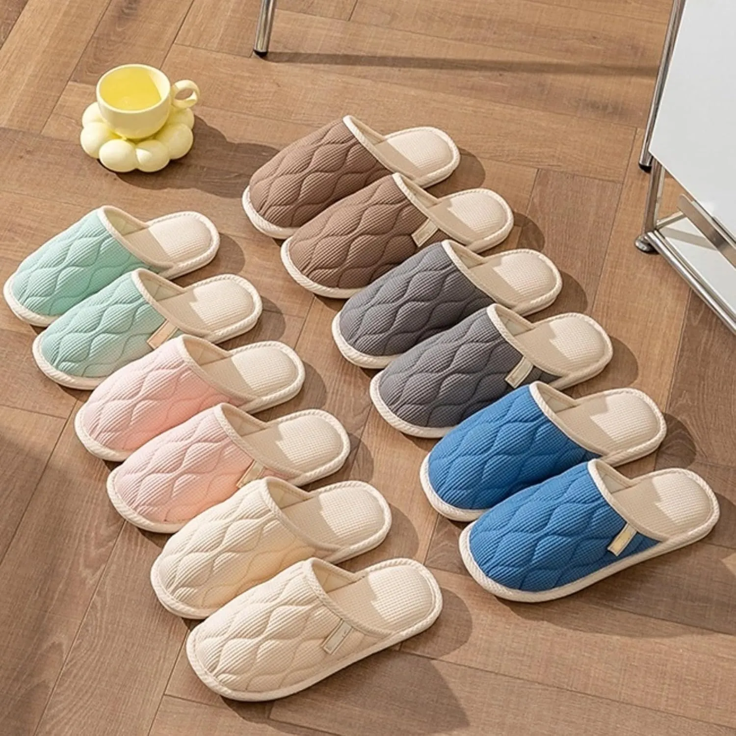 Linen House Slippers Couple Indoor Lightweight Home Slippers Soft Sole Bedroom Slippers Shoes Non-Slip Plush Cotton Autumn Slippers Slides Winter Warm Slippers for Women Men
