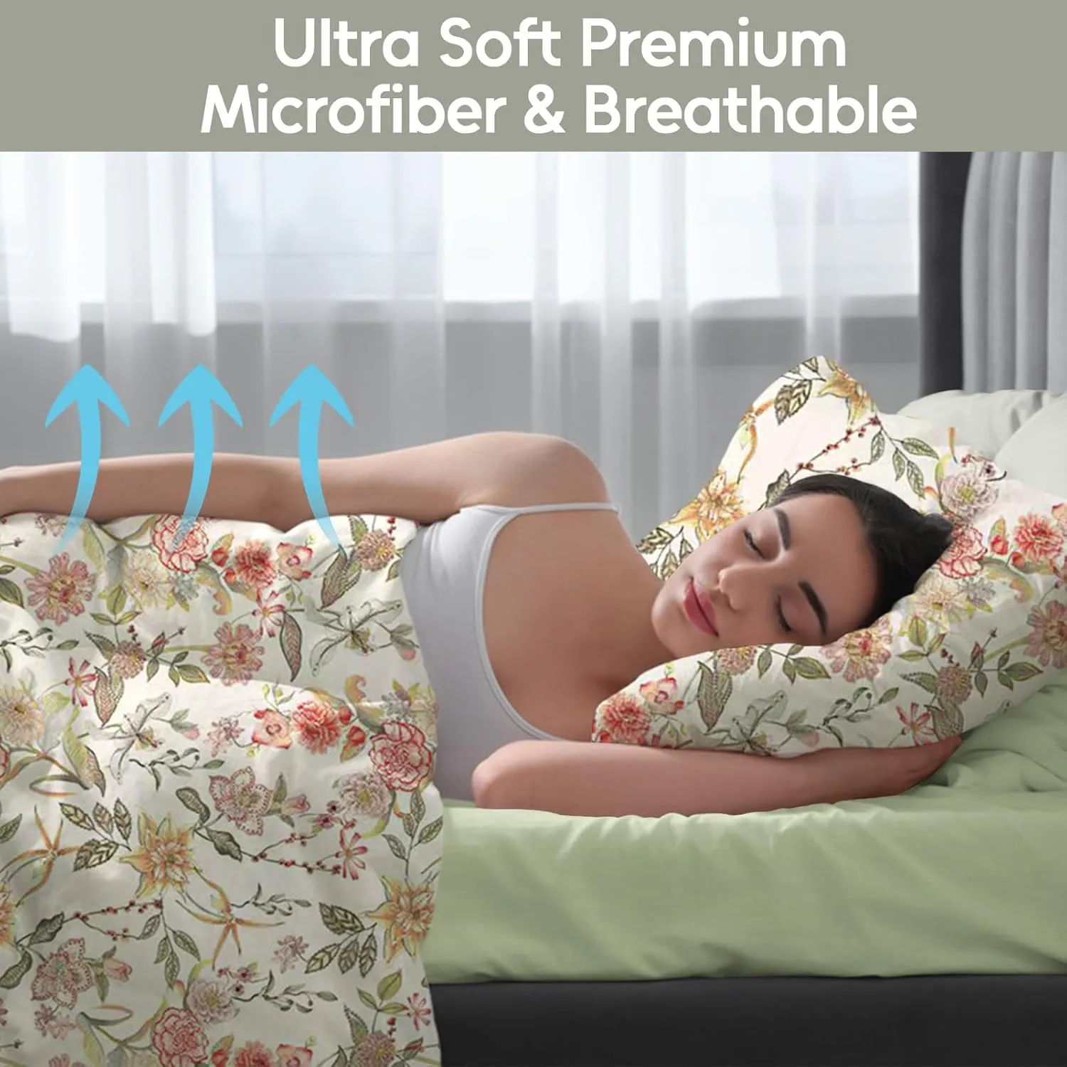 LONAVA Floral King Size Bed Sheet Set, 6 Piece, Deep Pocket Sage Green Fitted Sheet, Comfy & Breathable Patterned Flat Sheets, Premium Microfiber, Warm Flower Printed