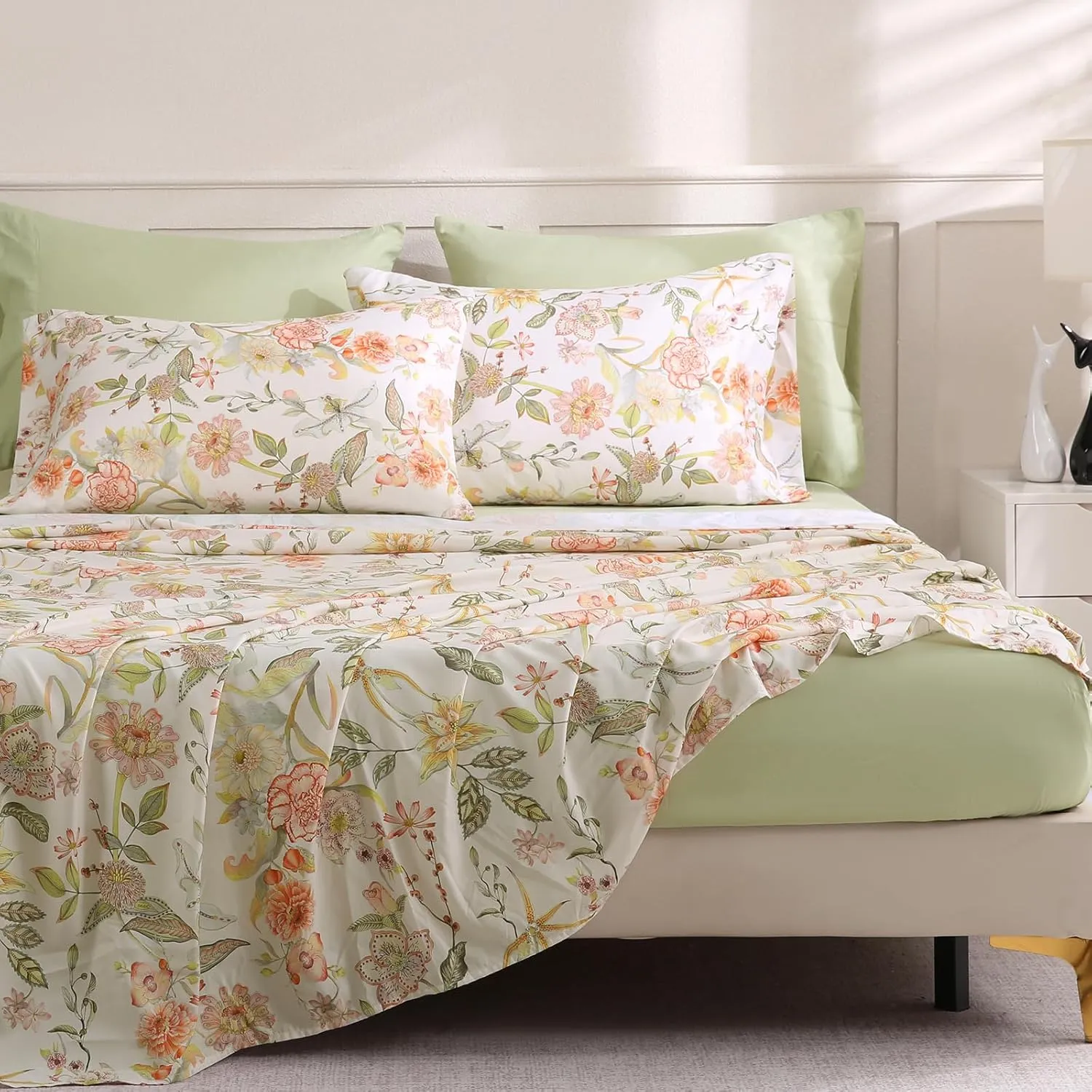 LONAVA Floral King Size Bed Sheet Set, 6 Piece, Deep Pocket Sage Green Fitted Sheet, Comfy & Breathable Patterned Flat Sheets, Premium Microfiber, Warm Flower Printed