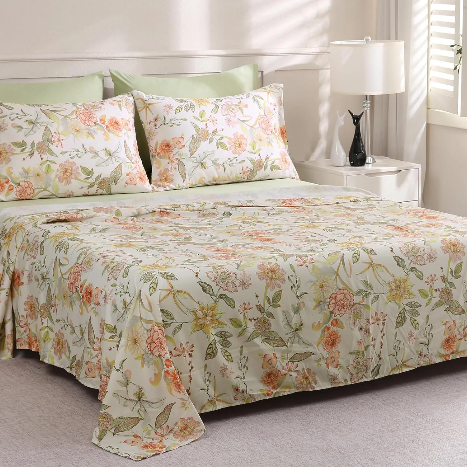LONAVA Floral King Size Bed Sheet Set, 6 Piece, Deep Pocket Sage Green Fitted Sheet, Comfy & Breathable Patterned Flat Sheets, Premium Microfiber, Warm Flower Printed
