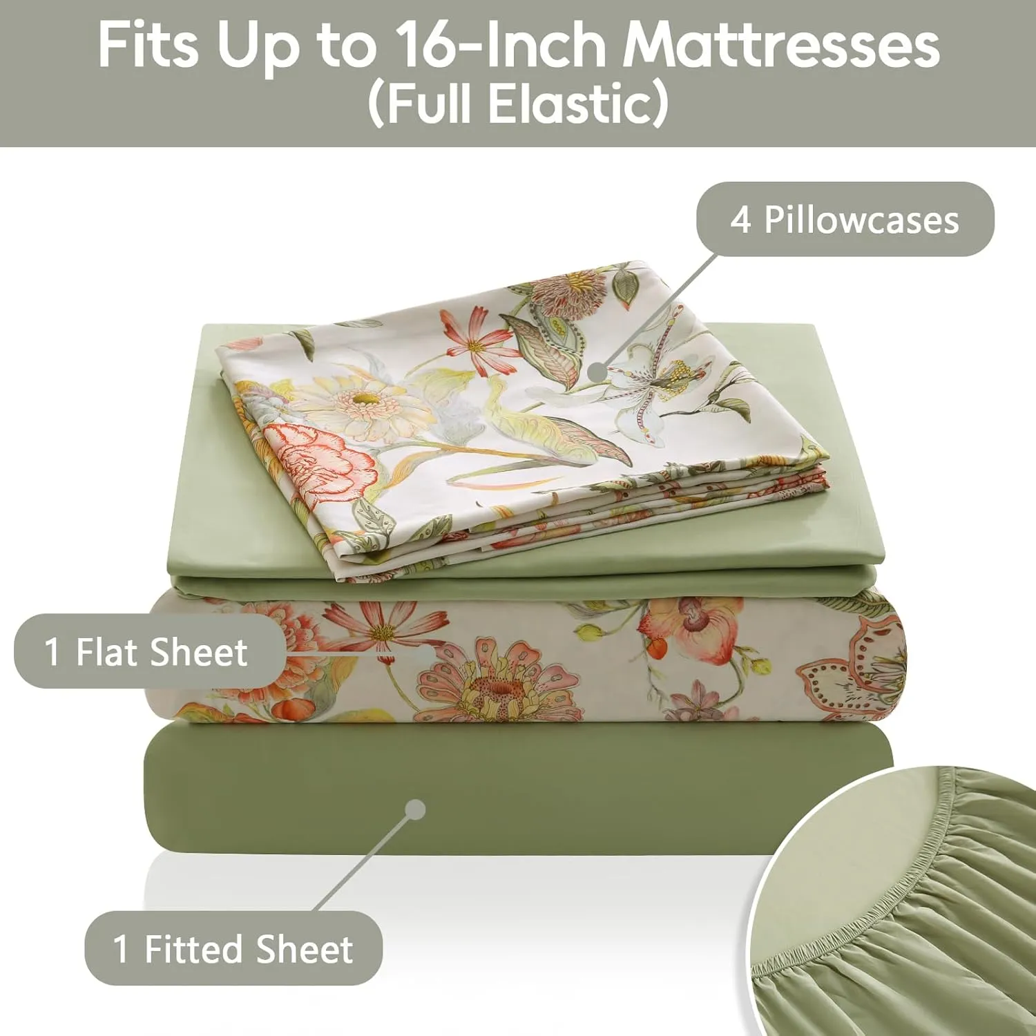 LONAVA Floral King Size Bed Sheet Set, 6 Piece, Deep Pocket Sage Green Fitted Sheet, Comfy & Breathable Patterned Flat Sheets, Premium Microfiber, Warm Flower Printed