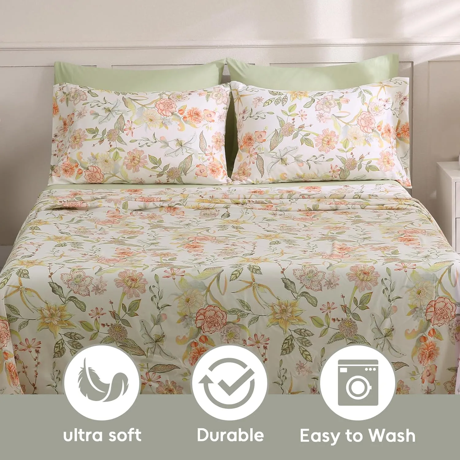 LONAVA Floral King Size Bed Sheet Set, 6 Piece, Deep Pocket Sage Green Fitted Sheet, Comfy & Breathable Patterned Flat Sheets, Premium Microfiber, Warm Flower Printed