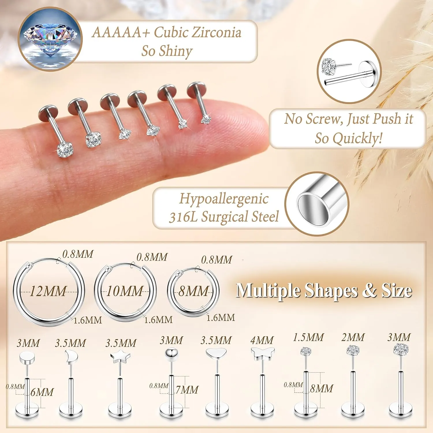LOYALLOOK Threadless Flat Back Earrings 316L Surgical Steel Gold Cartilage Earrings for Women Men Hypoallergenic Small Hoop CZ Push in Flatback Stud Earrings 20G 18G Flat Back Nose Stud Tragus Helix Conch Piercing Jewelry