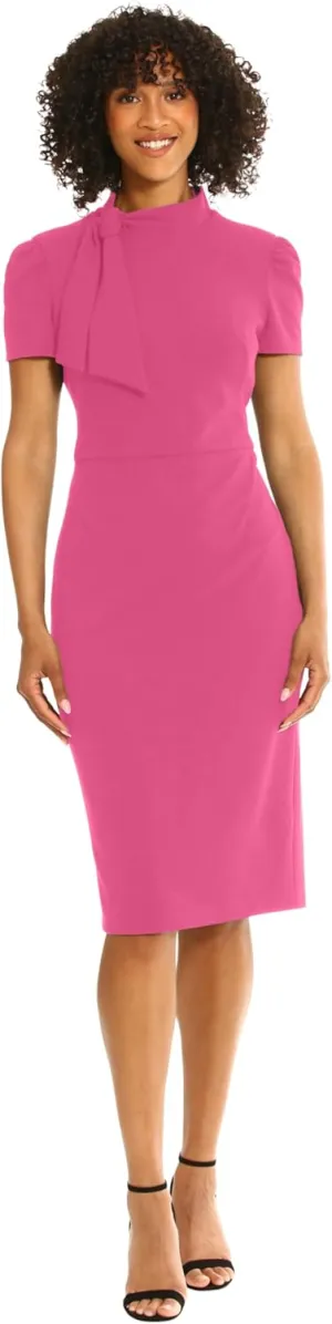 Maggy London Women's Midi Short Sleeve Sheath with Neck Tie Career Office Work Wear