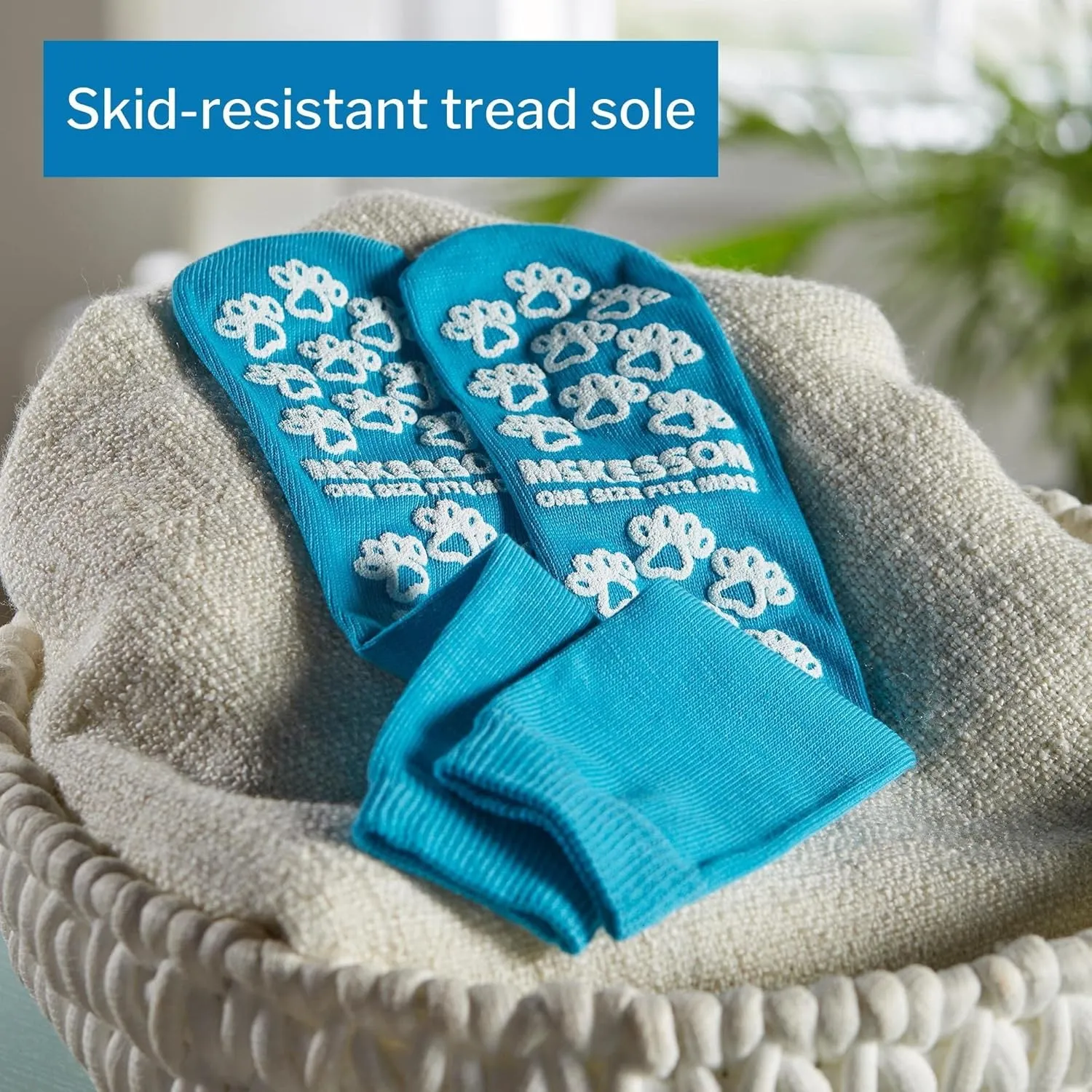 McKesson Slipper Socks, Non-Slip Grip Socks, Paw Prints, Teal, One Size Fits Most, 96 Pair