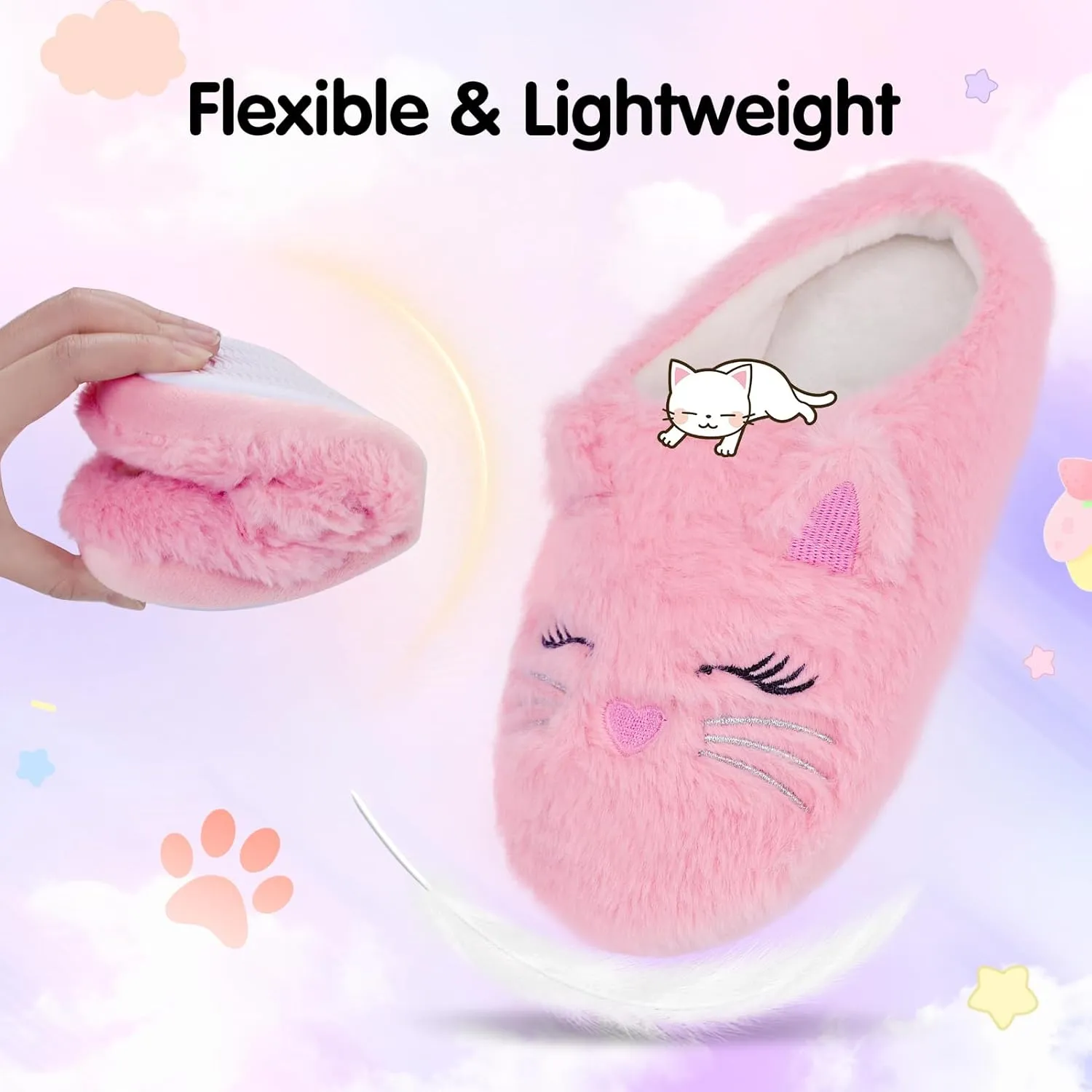 MEJORMEN Girls Cute Cat Slippers for Toddler Kids Fuzzy Slip-on Bedroom Shoes Warm Memory Foam Indoor House Slippers