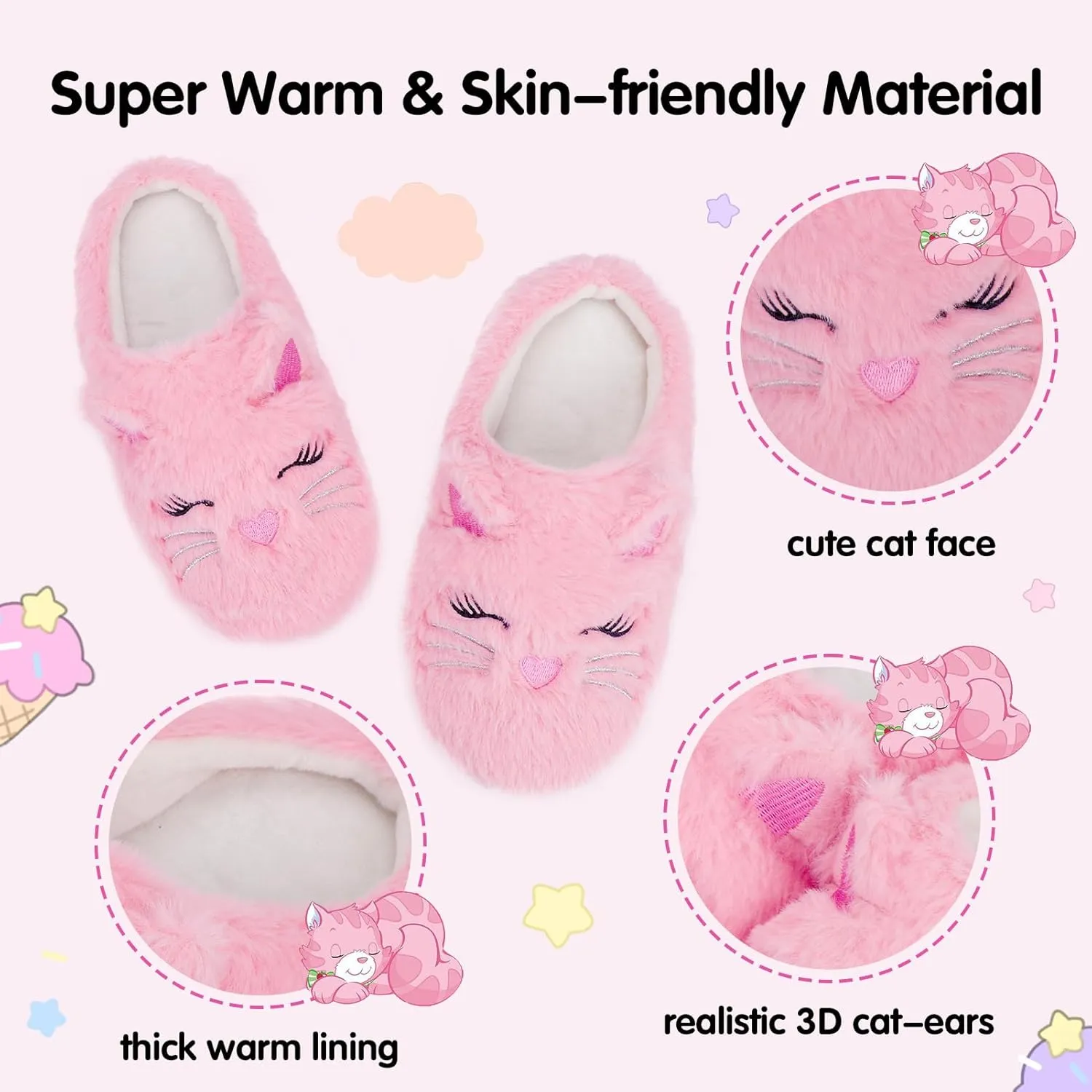 MEJORMEN Girls Cute Cat Slippers for Toddler Kids Fuzzy Slip-on Bedroom Shoes Warm Memory Foam Indoor House Slippers