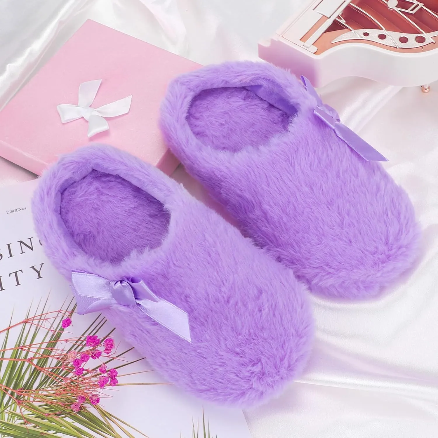 MEJORMEN Girls Fluffy House Slippers Cozy Plush Slip-on House Shoes Kids Warm Bedroom Slippers Memory Foam Slippers for Indoor Outdoor