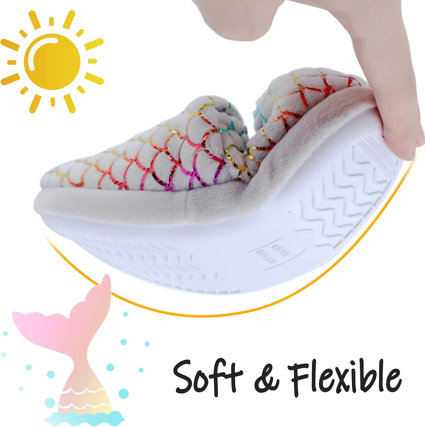 MEJORMEN Girls Mermaid House Slippers Cozy Plush Anti-Skid Indoor Outdoor House Shoes Glitter Bedroom Slippers for Toddler Kid
