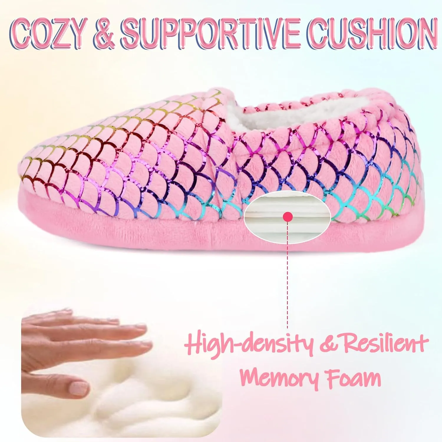 MEJORMEN Girls Mermaid House Slippers Cozy Plush Anti-Skid Indoor Outdoor House Shoes Glitter Bedroom Slippers for Toddler Kid