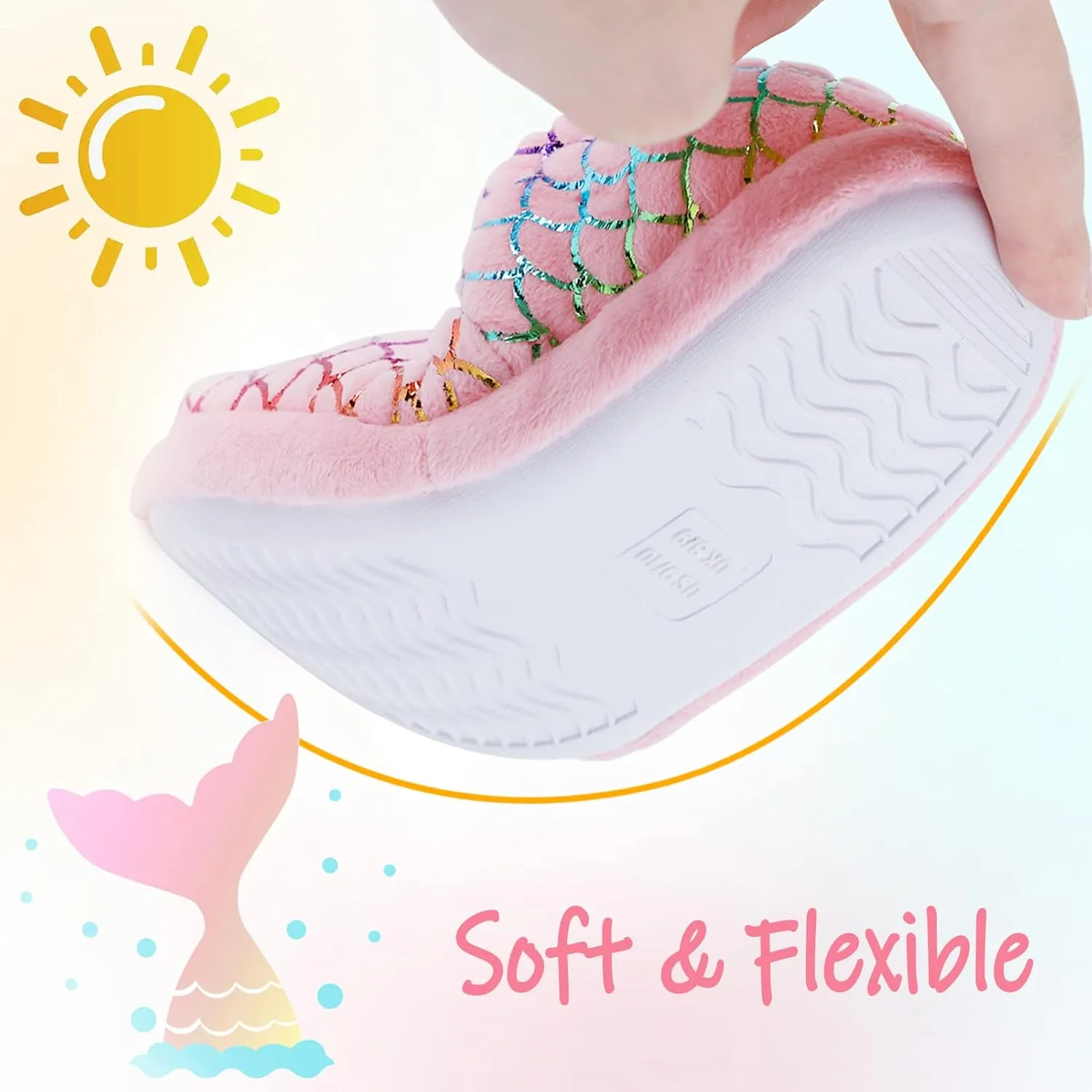 MEJORMEN Girls Mermaid House Slippers Cozy Plush Anti-Skid Indoor Outdoor House Shoes Glitter Bedroom Slippers for Toddler Kid