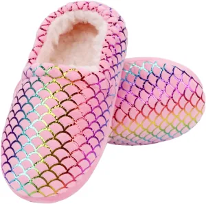 MEJORMEN Girls Mermaid House Slippers Cozy Plush Anti-Skid Indoor Outdoor House Shoes Glitter Bedroom Slippers for Toddler Kid