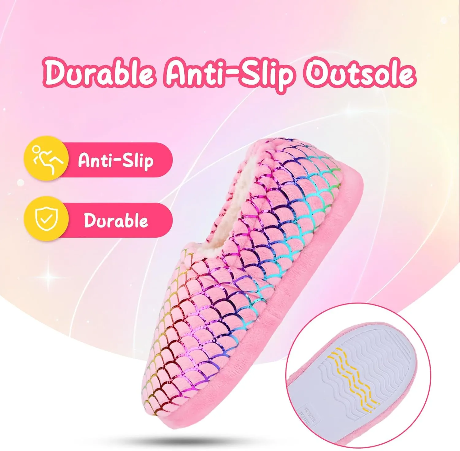 MEJORMEN Girls Mermaid House Slippers Cozy Plush Anti-Skid Indoor Outdoor House Shoes Glitter Bedroom Slippers for Toddler Kid