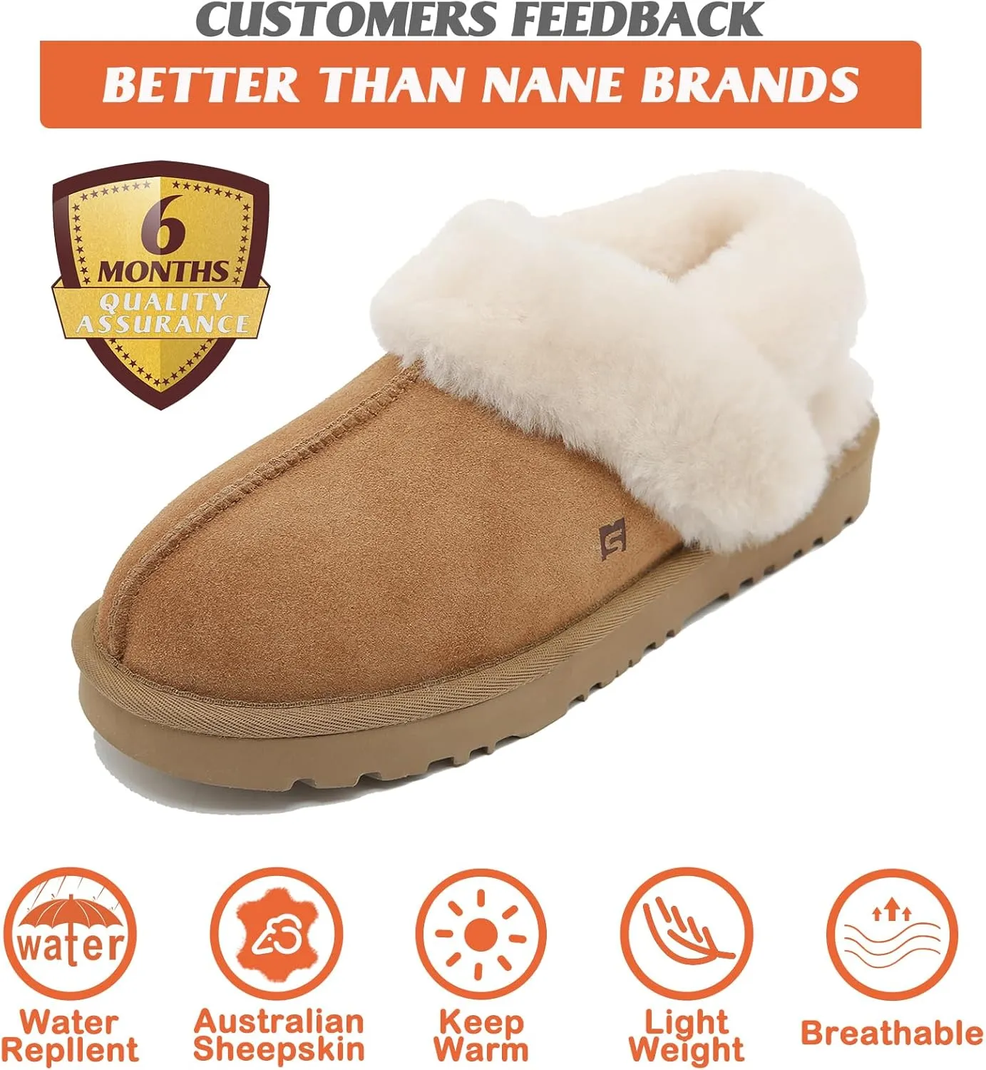 Mel&Syd Women's Australian Shearling Slippers - Wool Slippers with Elastic Strap, Waterproof Suede, Comfortable for Indoor/Outdoor Wear