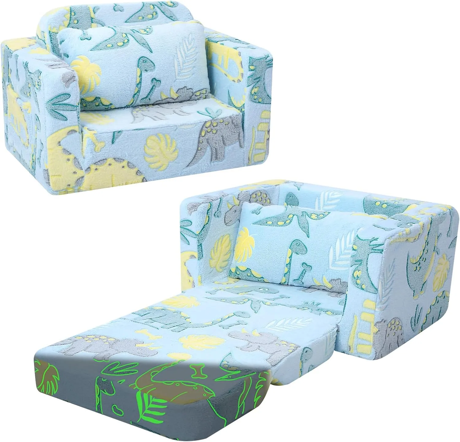 MeMoreCool Foldable Kids Couch Bed Dinosaur, Fold Out Toddler Chair Comfy 1-3 Years Old, Convertible Baby Sofa Child Recliner Lounger (Blue)