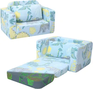 MeMoreCool Foldable Kids Couch Bed Dinosaur, Fold Out Toddler Chair Comfy 1-3 Years Old, Convertible Baby Sofa Child Recliner Lounger (Blue)