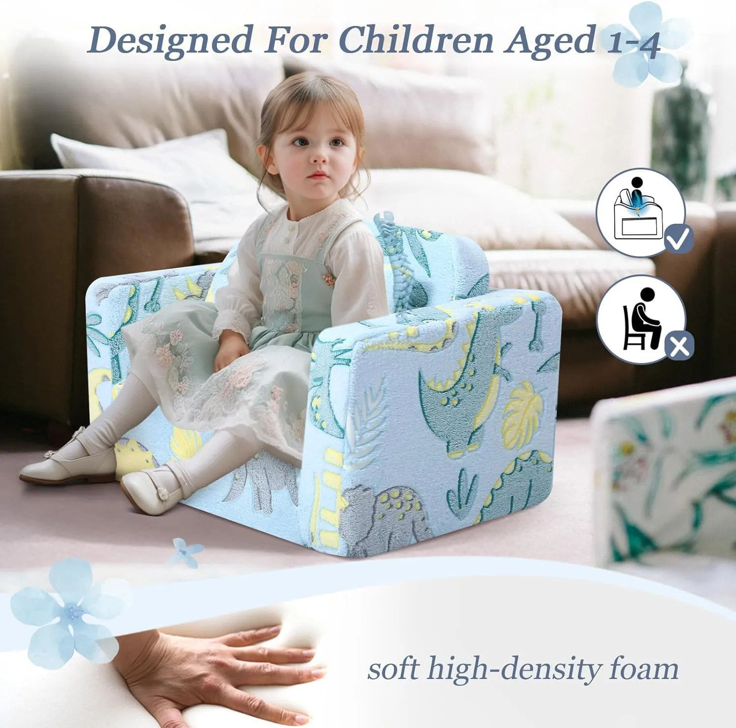 MeMoreCool Foldable Kids Couch Bed Dinosaur, Fold Out Toddler Chair Comfy 1-3 Years Old, Convertible Baby Sofa Child Recliner Lounger (Blue)