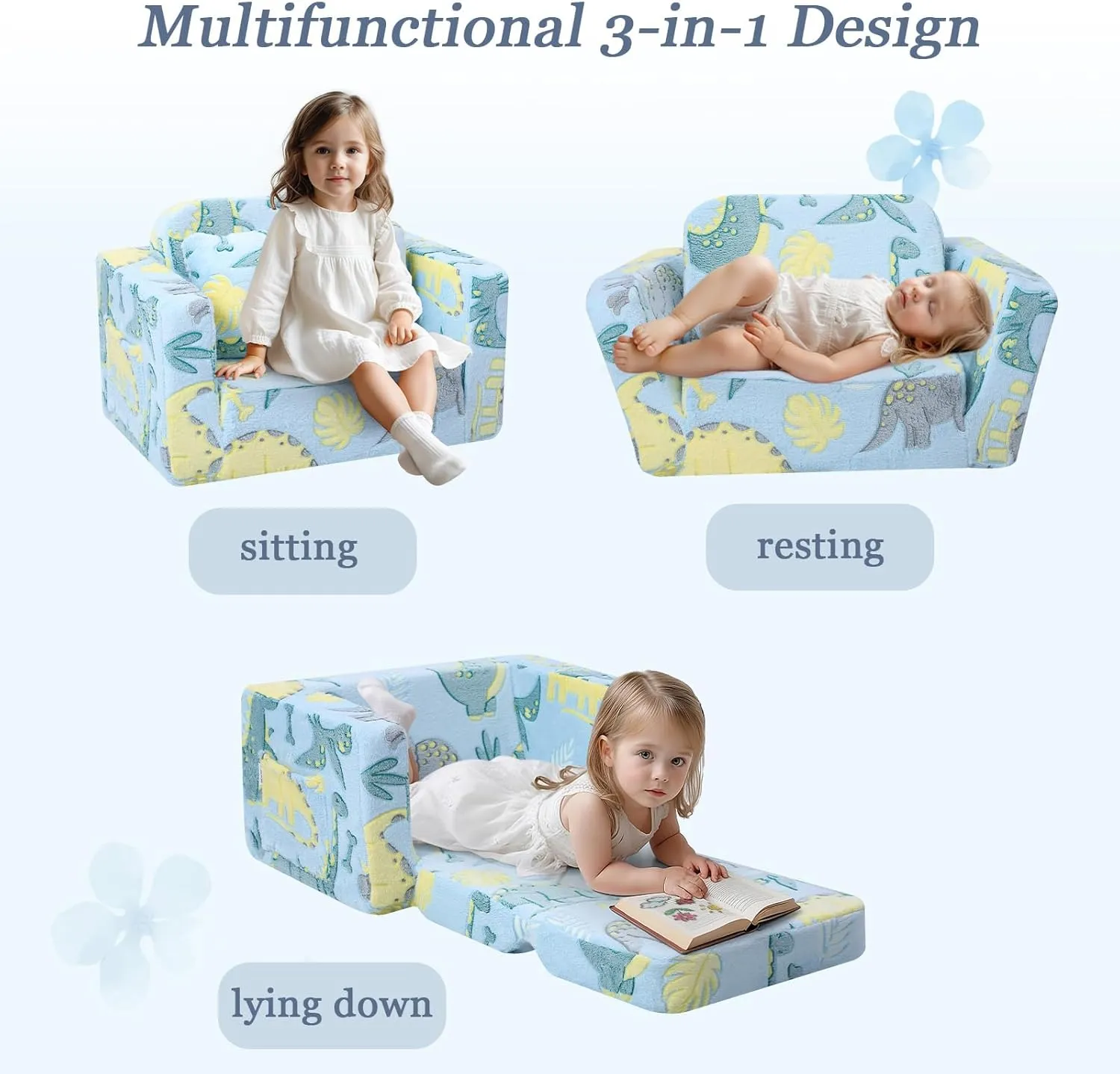 MeMoreCool Foldable Kids Couch Bed Dinosaur, Fold Out Toddler Chair Comfy 1-3 Years Old, Convertible Baby Sofa Child Recliner Lounger (Blue)