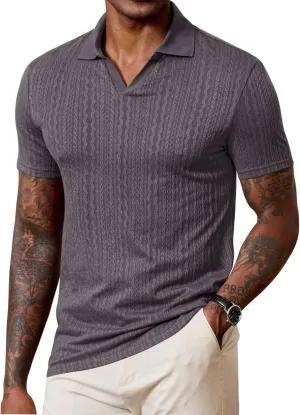 Men Johnny Collar Textured Polo Shirt Cable Knit Stretch Casual Shirts (S-XXL)