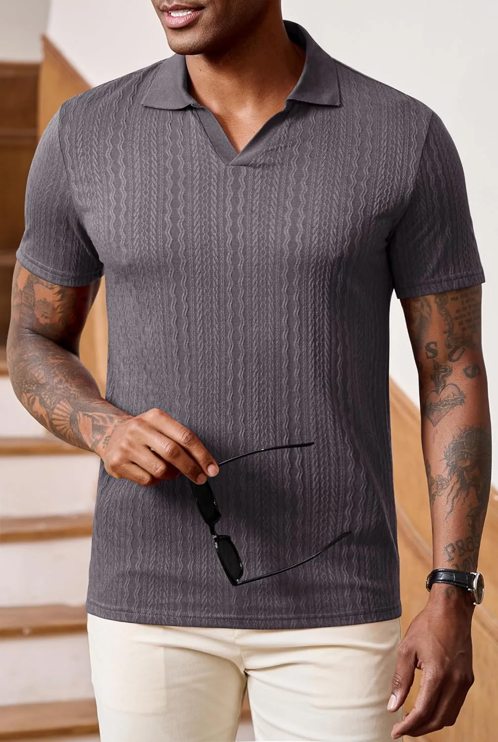 Men Johnny Collar Textured Polo Shirt Cable Knit Stretch Casual Shirts (S-XXL)