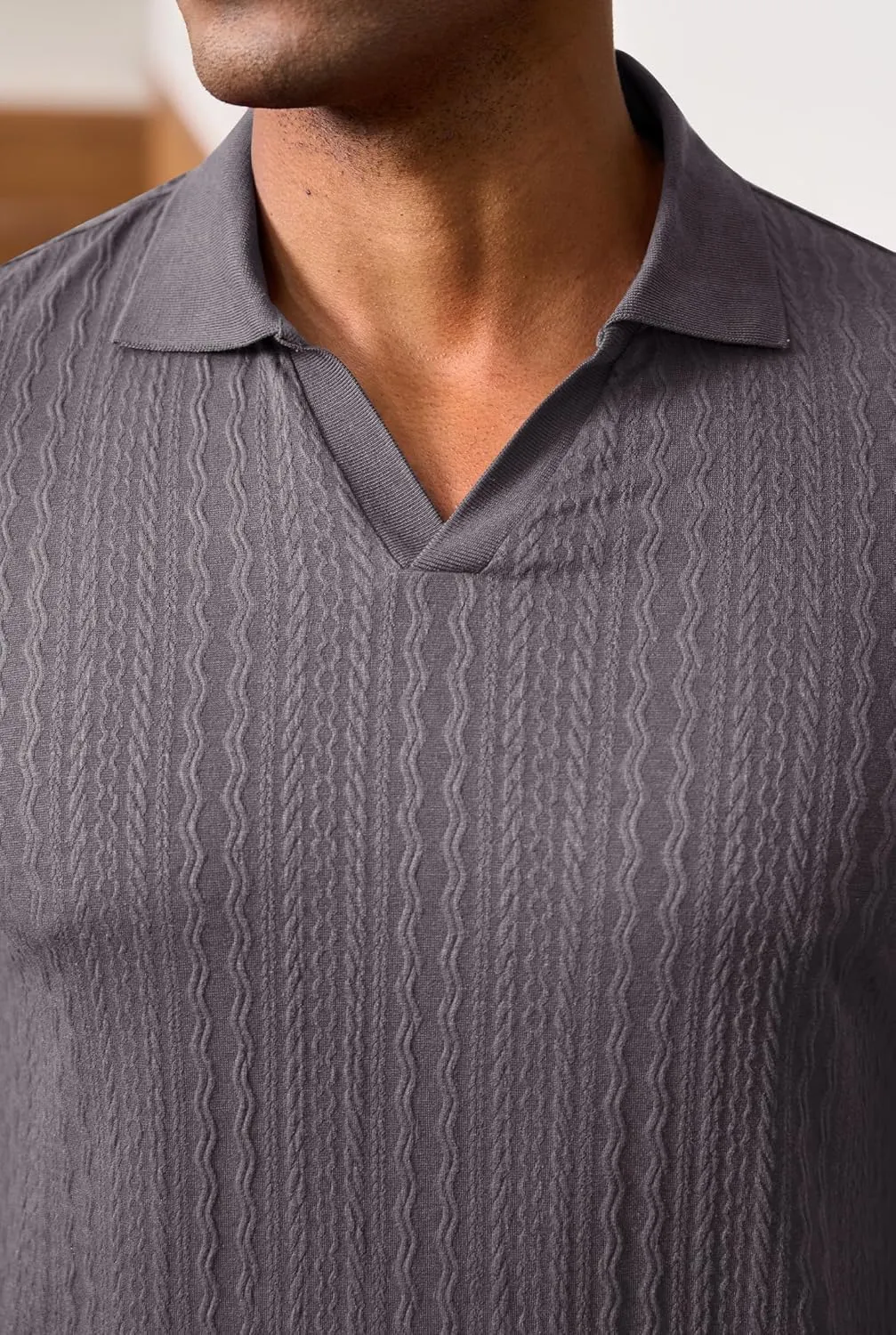 Men Johnny Collar Textured Polo Shirt Cable Knit Stretch Casual Shirts (S-XXL)