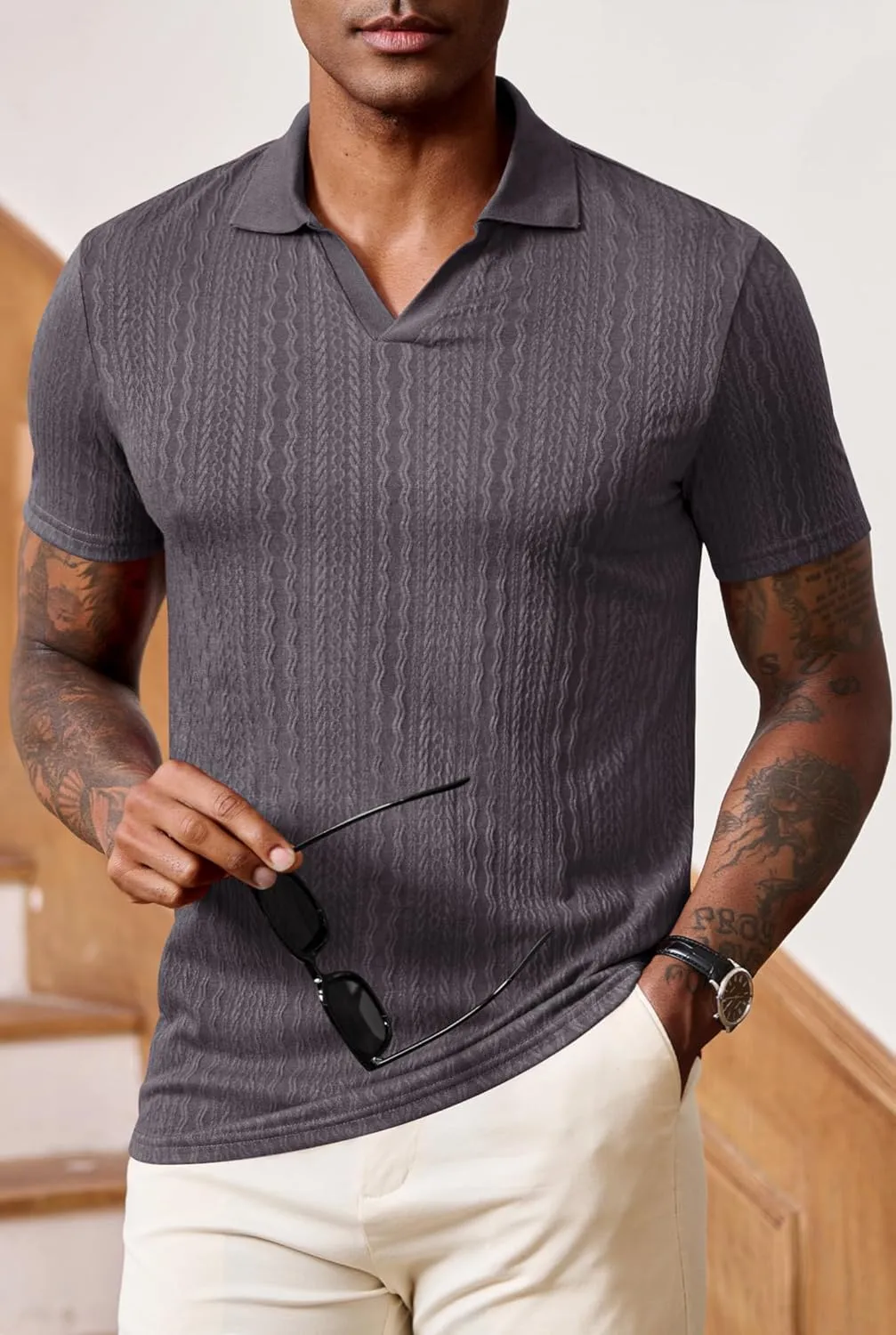 Men Johnny Collar Textured Polo Shirt Cable Knit Stretch Casual Shirts (S-XXL)