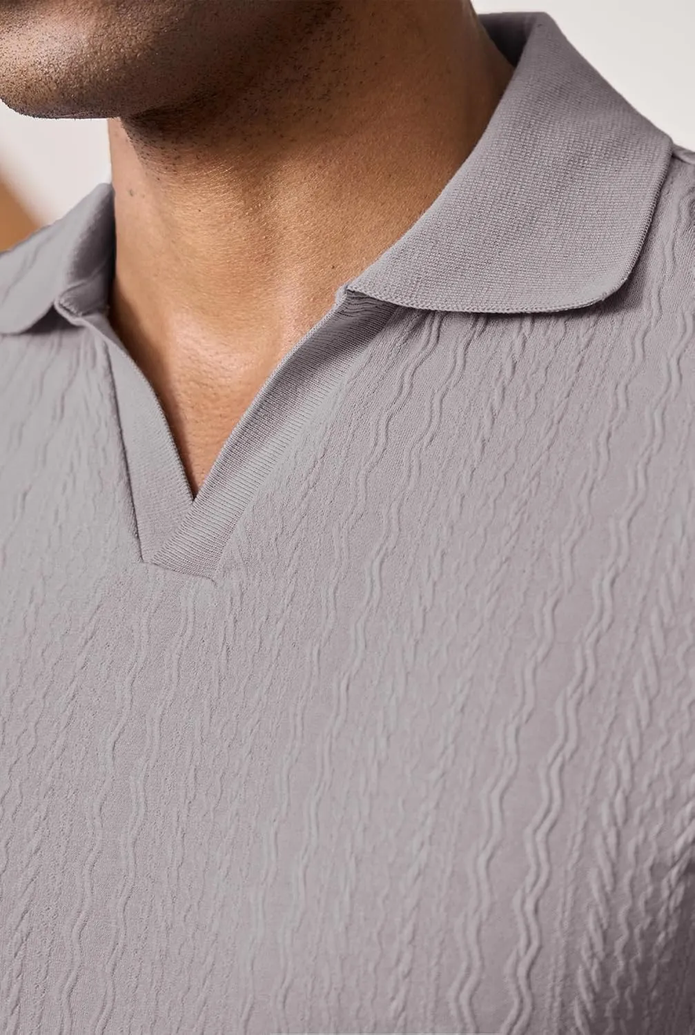 Men Johnny Collar Textured Polo Shirt Cable Knit Stretch Casual Shirts (S-XXL)