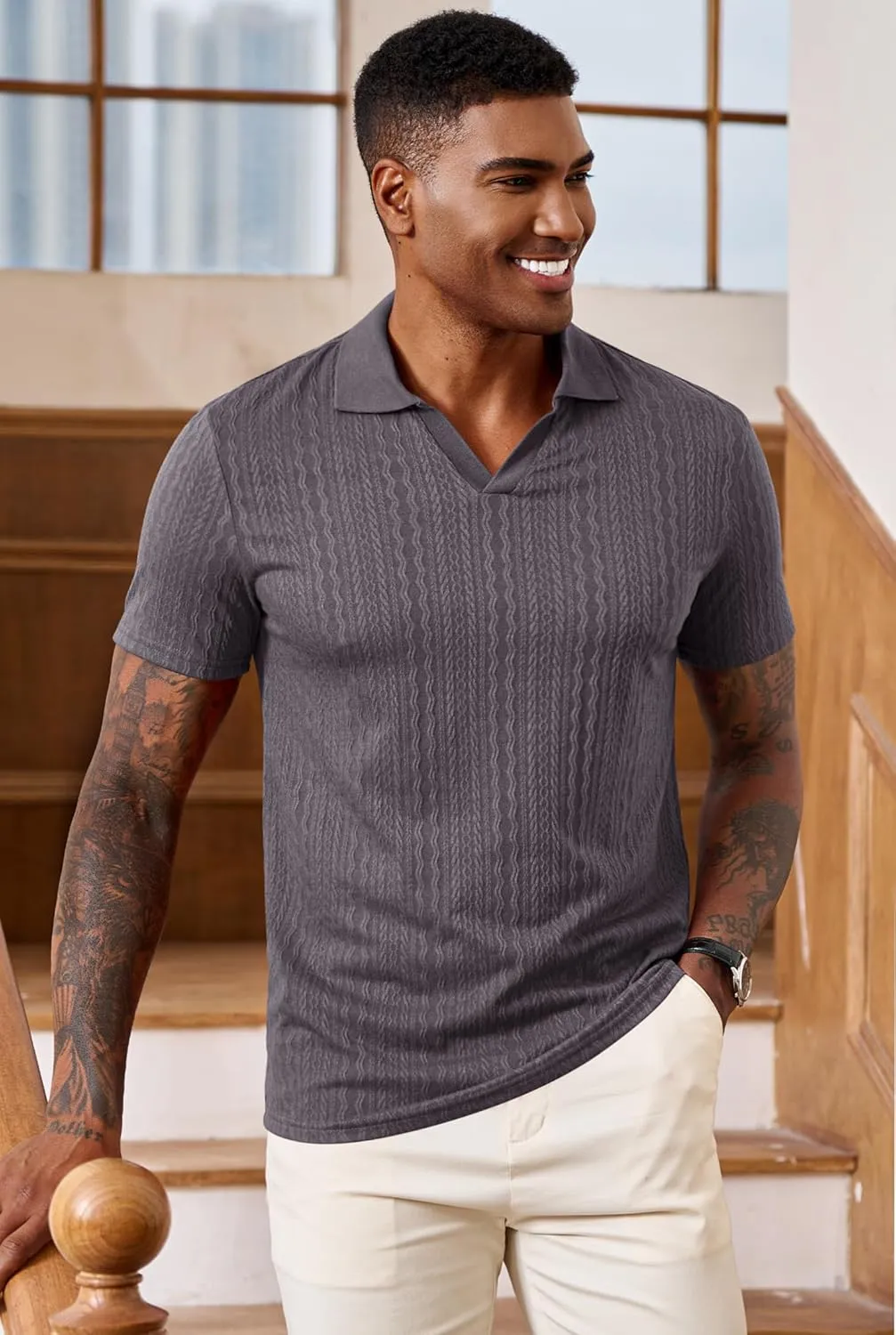 Men Johnny Collar Textured Polo Shirt Cable Knit Stretch Casual Shirts (S-XXL)