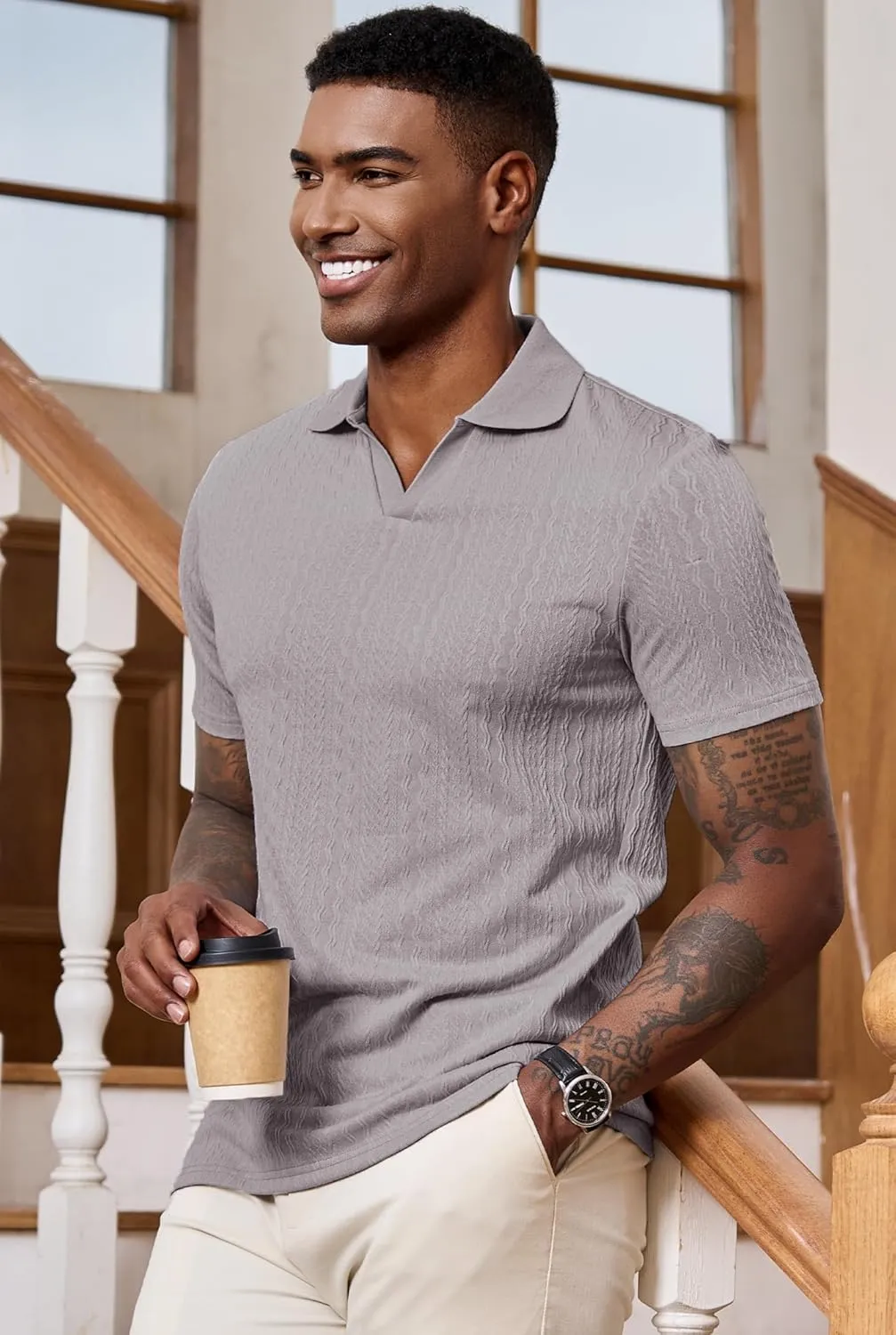 Men Johnny Collar Textured Polo Shirt Cable Knit Stretch Casual Shirts (S-XXL)
