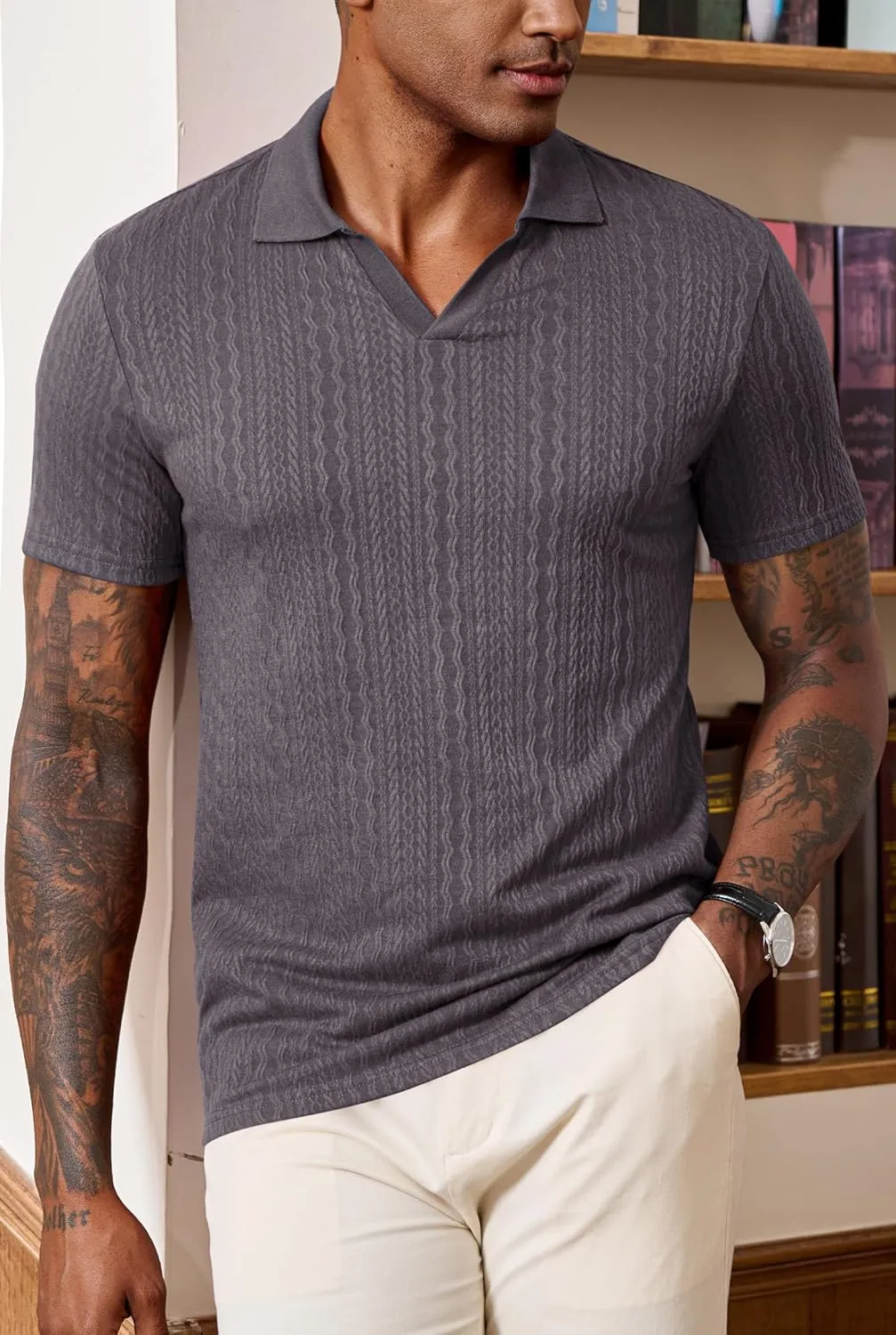 Men Johnny Collar Textured Polo Shirt Cable Knit Stretch Casual Shirts (S-XXL)