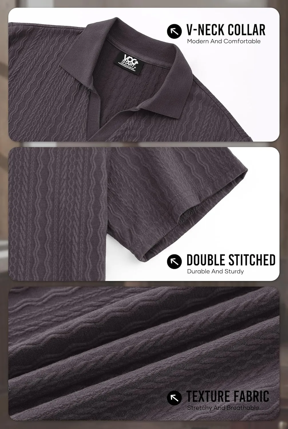 Men Johnny Collar Textured Polo Shirt Cable Knit Stretch Casual Shirts (S-XXL)
