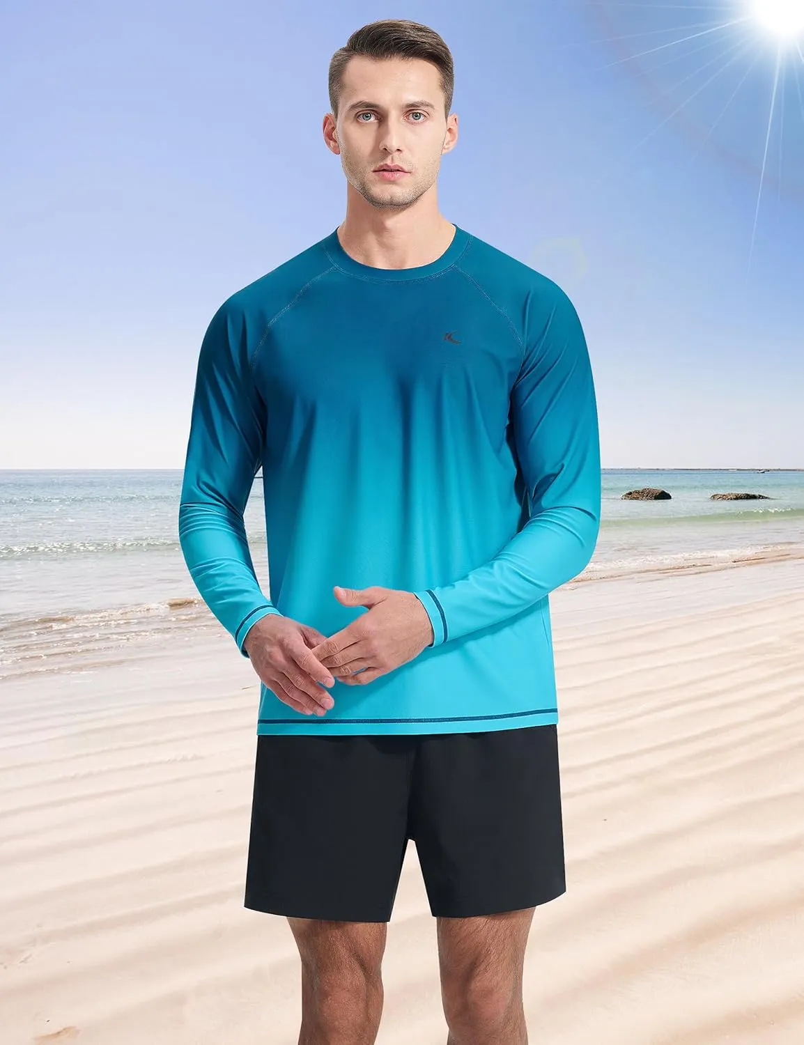 Mens Rash Guard UPF 50  Swim Shirts UV Sun Protection T-Shirt Quick Dry Long Sleeve Beach Shirts for Fishing