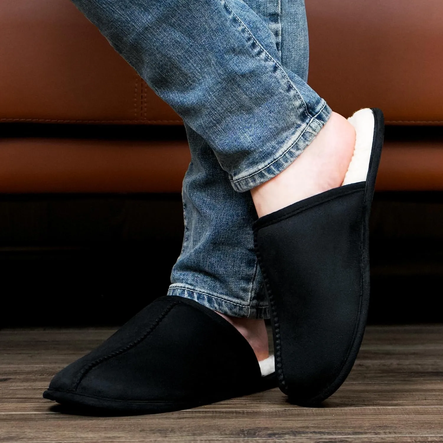 Men's Scuff Slippers with Memory Foam, Faux Suede Open Back House Slip-ons, Non-slip Indoor/Outdoor Soles, Unique Gifts, Sizes 8-15