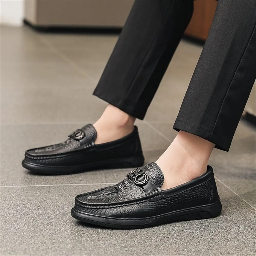 Men's Smoking Loafers – Faux Crocodile Print Leather, Round Toe, Slip-On, Lightweight, Flexible, Flat Heel, Anti-Slip Casual Shoes