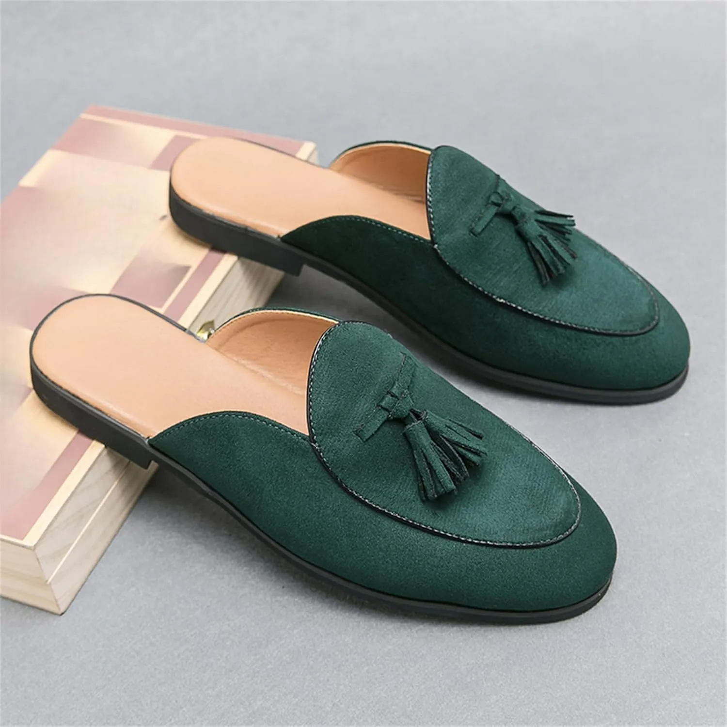 Men's Suede Tassels Slip On Mules Clog Slippers Casual Round Toe Backless Flat Dress Loafers for Formal Walking Wedding Business
