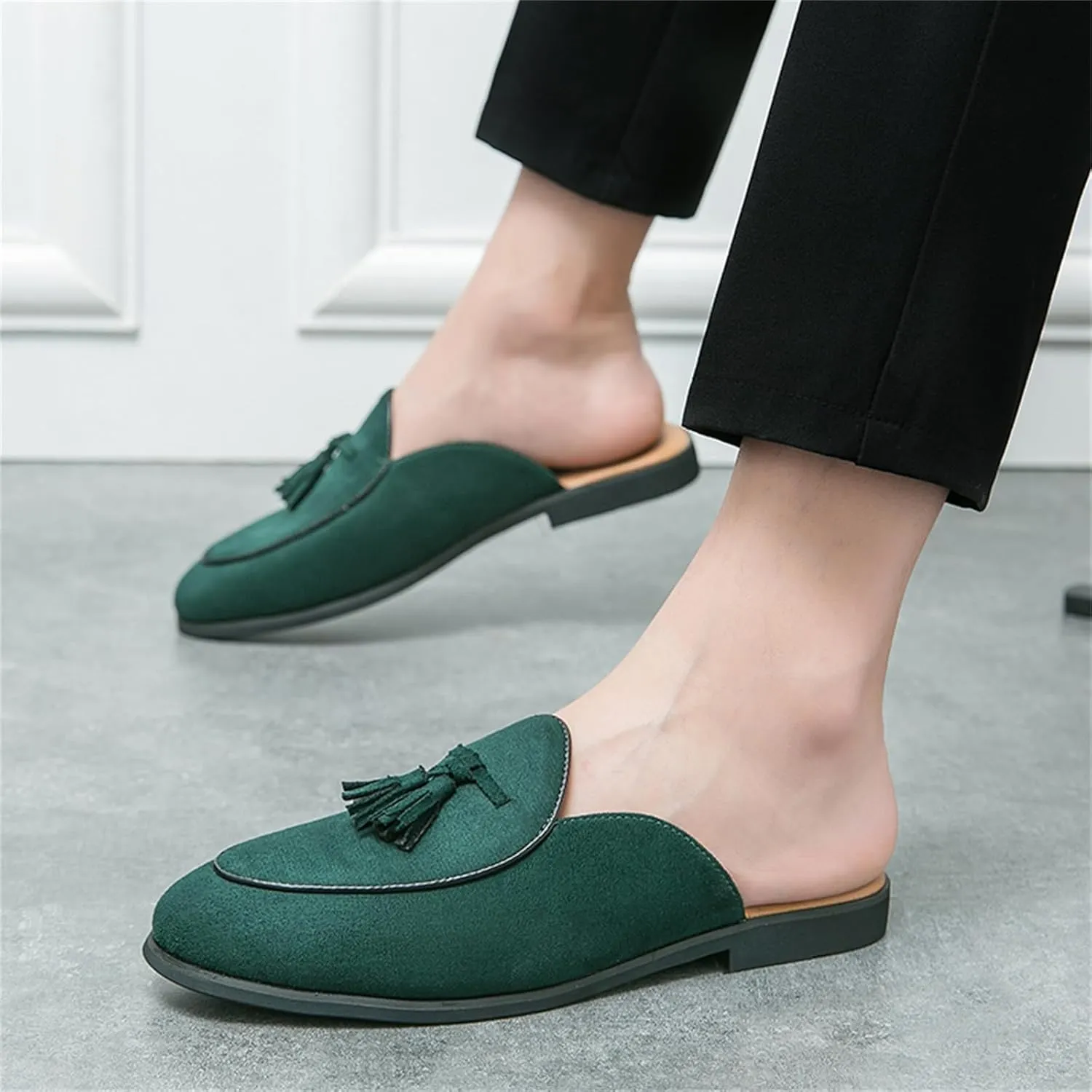 Men's Suede Tassels Slip On Mules Clog Slippers Casual Round Toe Backless Flat Dress Loafers for Formal Walking Wedding Business