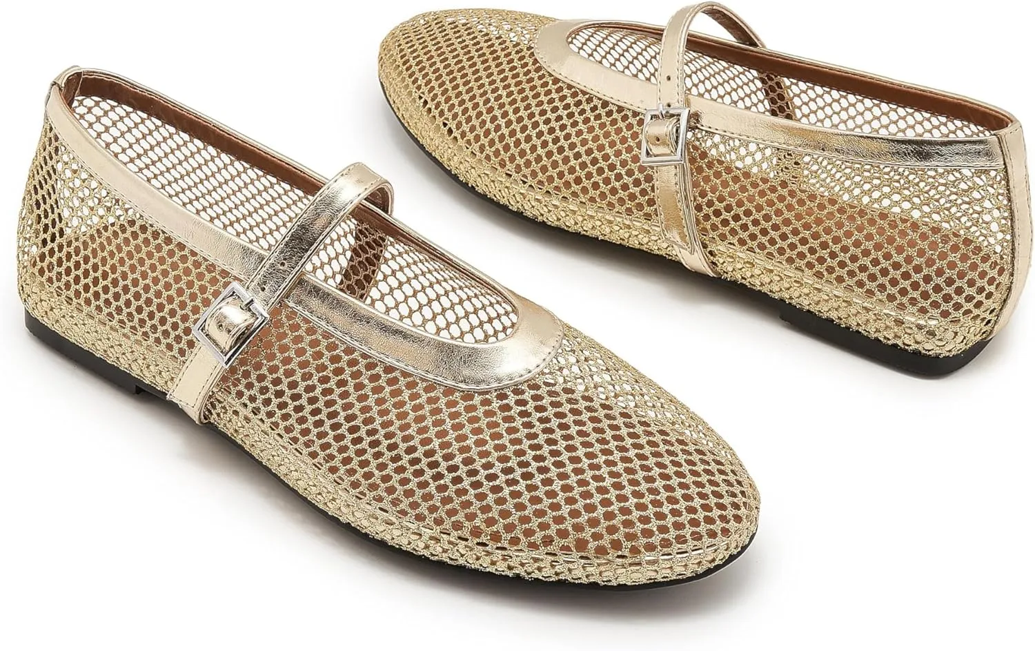 Mesh Ballet Flats for Women Buckle Strap Comfy Casual Office Mary Jane Flat Fishnet Ballerina Flat Shoes