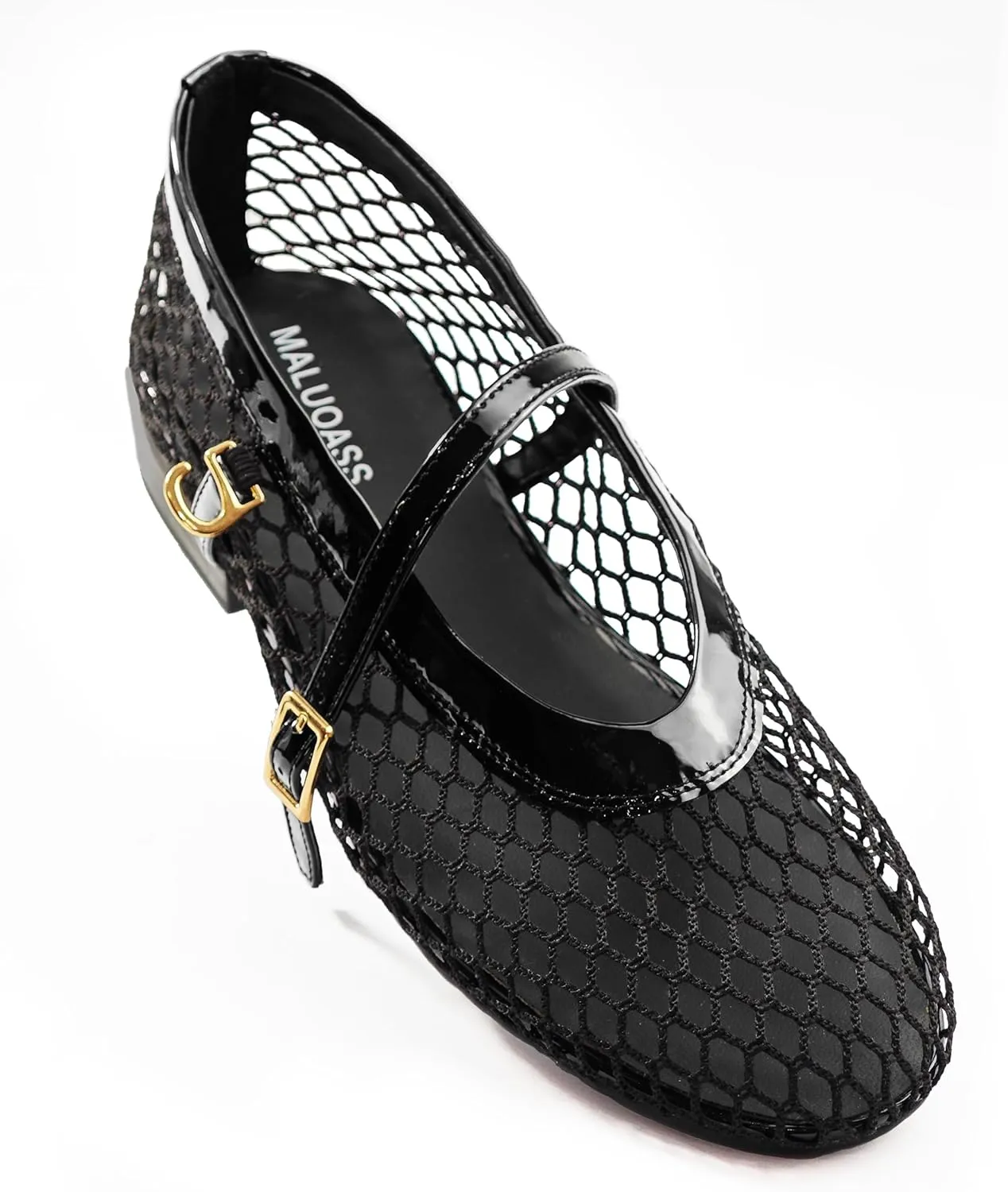 Mesh Flats for Women Ballet Mary Jane Flats Buckle Strap Comfy Casual Office Daily Fishnet Ballerina Flat Sandals Women Shoes Dressy Summer, Black