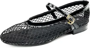 Mesh Flats for Women Ballet Mary Jane Flats Buckle Strap Comfy Casual Office Daily Fishnet Ballerina Flat Sandals Women Shoes Dressy Summer, Black